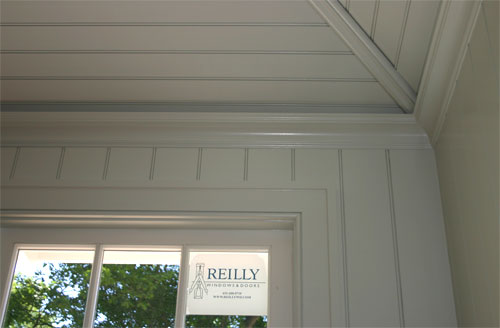 Painted beaded casing, beadboard wall panel, crown molding, ceiling panel and astragal